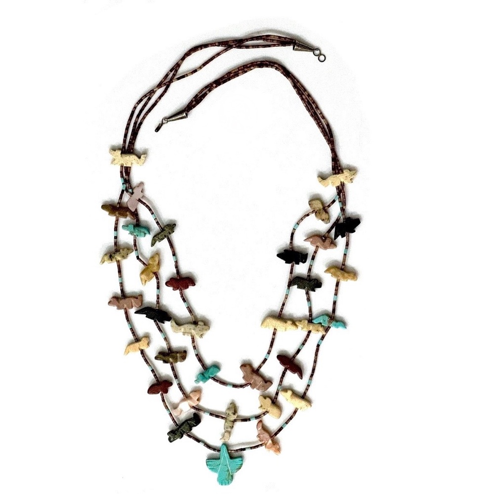 Navajo, Vntg 3 Strand Multistone 25” Fetish Necklace w/ Turquoise Bird Pendant
